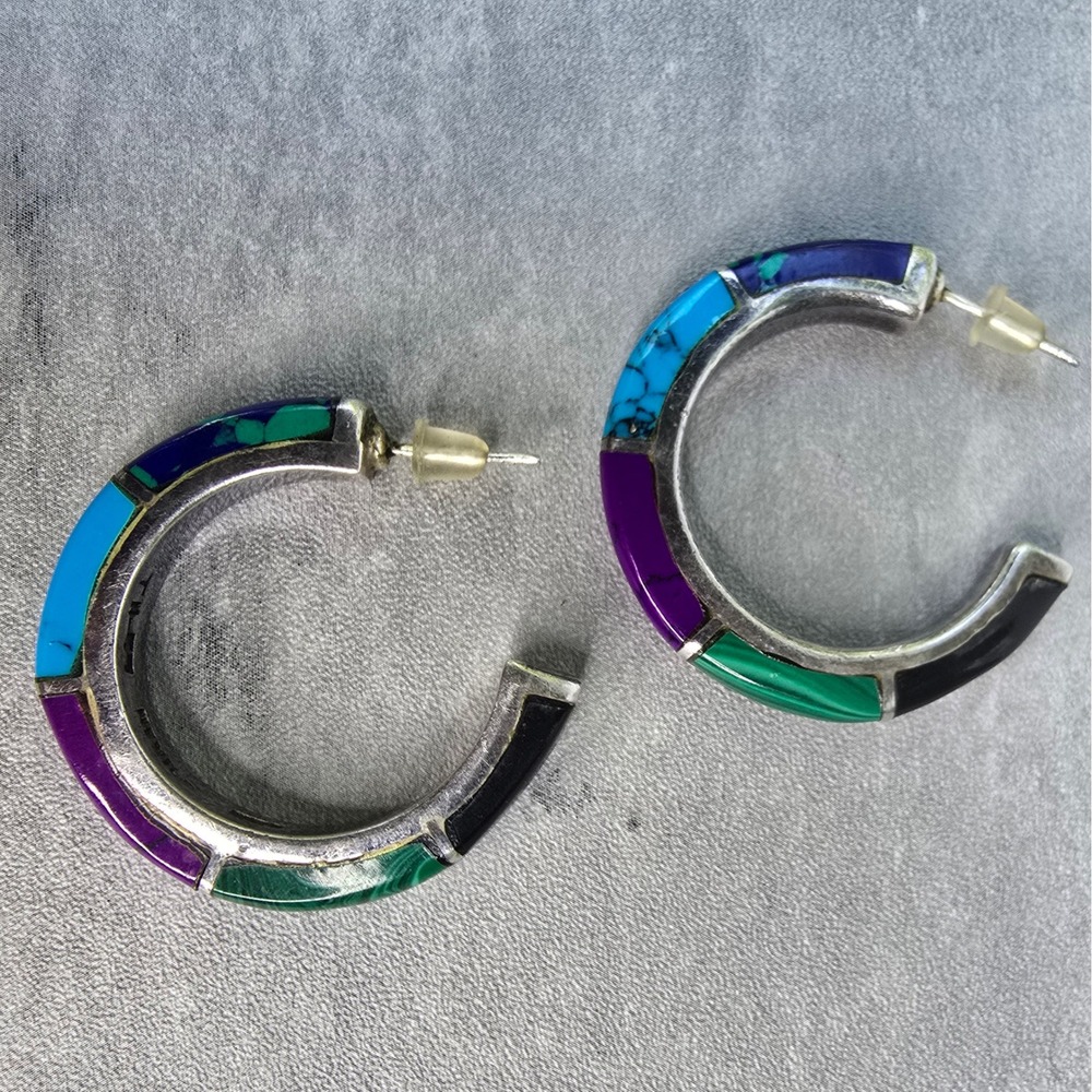 Mexico 950 Silver Multi Stone Inlay Hoop Earrings TN-57 Turquoise Malachite 14g - Picture 5 of 14